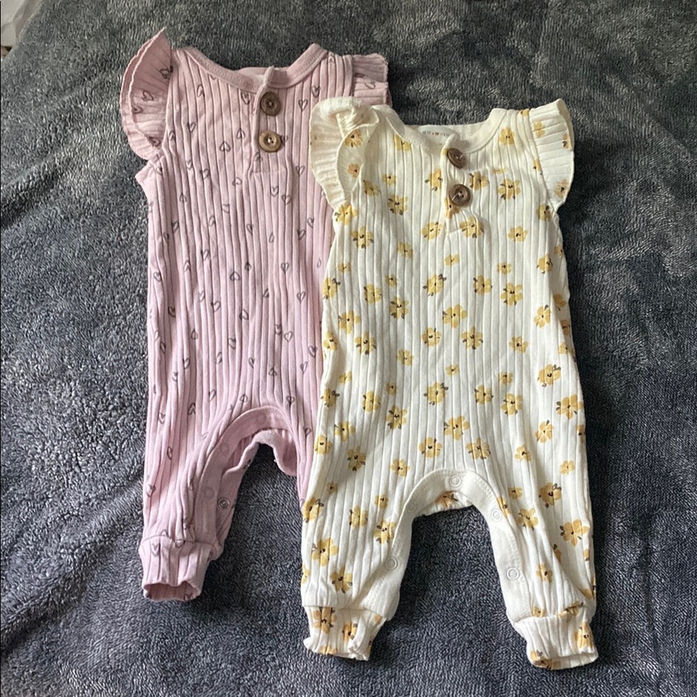 Pink and White Ribbed Bodysuits with Ruffled Sleeves